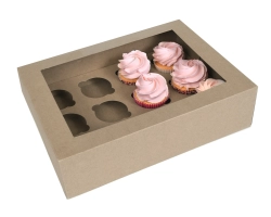 12 cupcakedoos KRAFT met PLAvenster 9 cm hoog, recycled, FSC, composteerbaar;