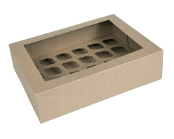 24 mini cupcake VENSTERdoos Kraft incl inleggers FSC, recycled, Composteerbaar,PLA venster 9cm hoog